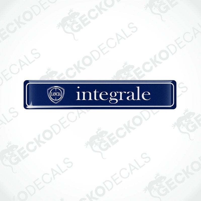 Blue vinyl stickers with the word 'INTEGRALE' and a logo, placed against a white background with the text 'GECKODECALS'.