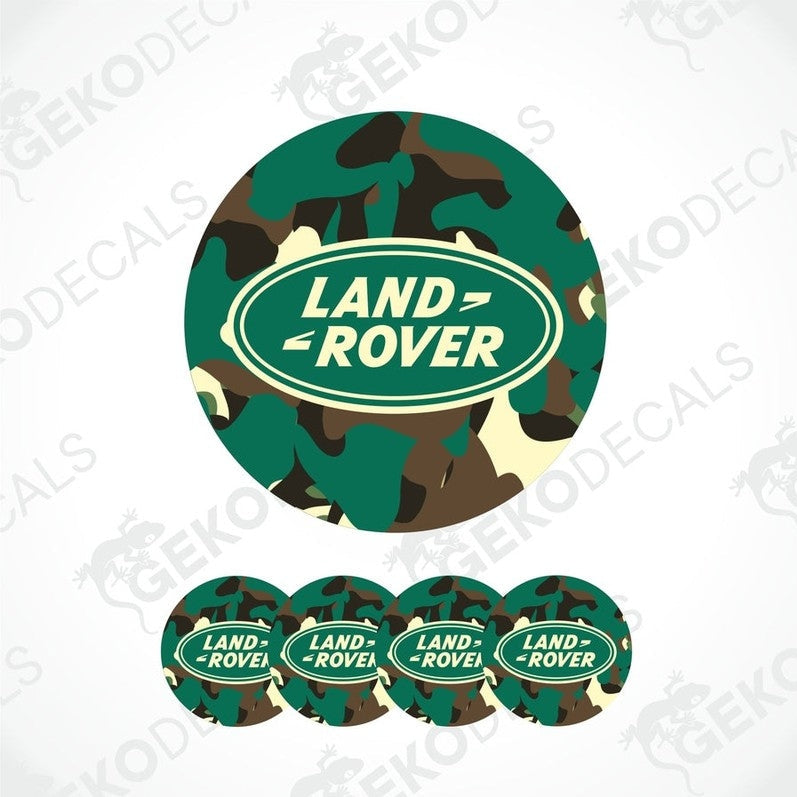 A set of four round car decals with a camouflage pattern and the Land Rover logo in the center.