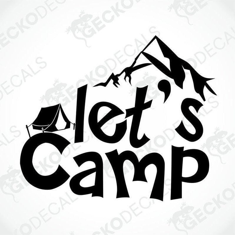 Black die cut decal with tent and mountain graphic for camping