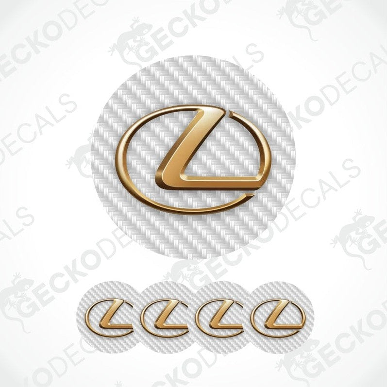 Gold Lexus logo on a white carbon fiber pattern background