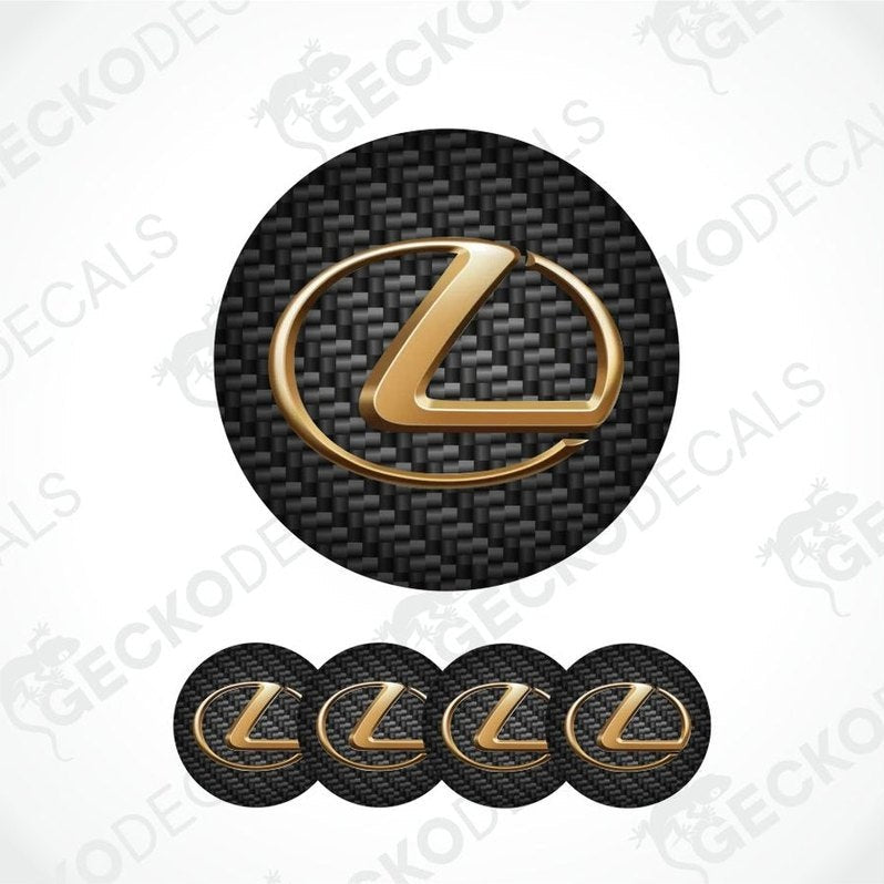 Gold Lexus logo on a black carbon fiber pattern with multiple repetitions on a white background.