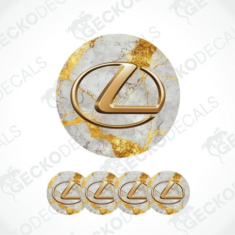 Gold Lexus logo decal on a marble background with 'Gecko Decals' branding.