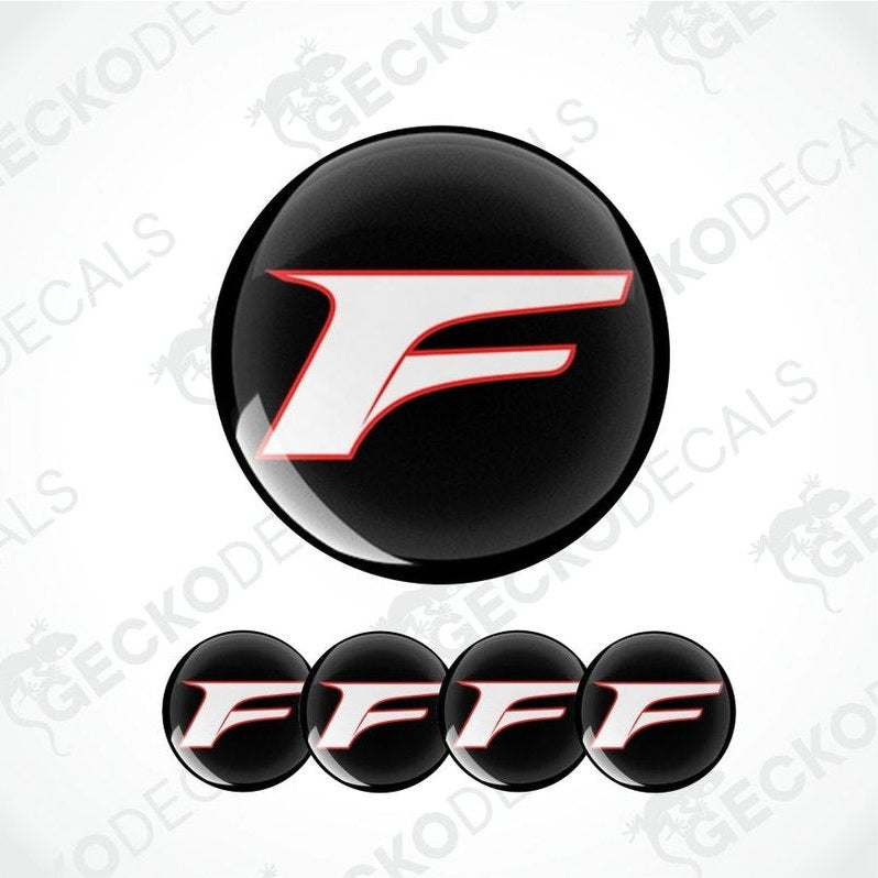 Black round decal with a red and white F logo on a white background