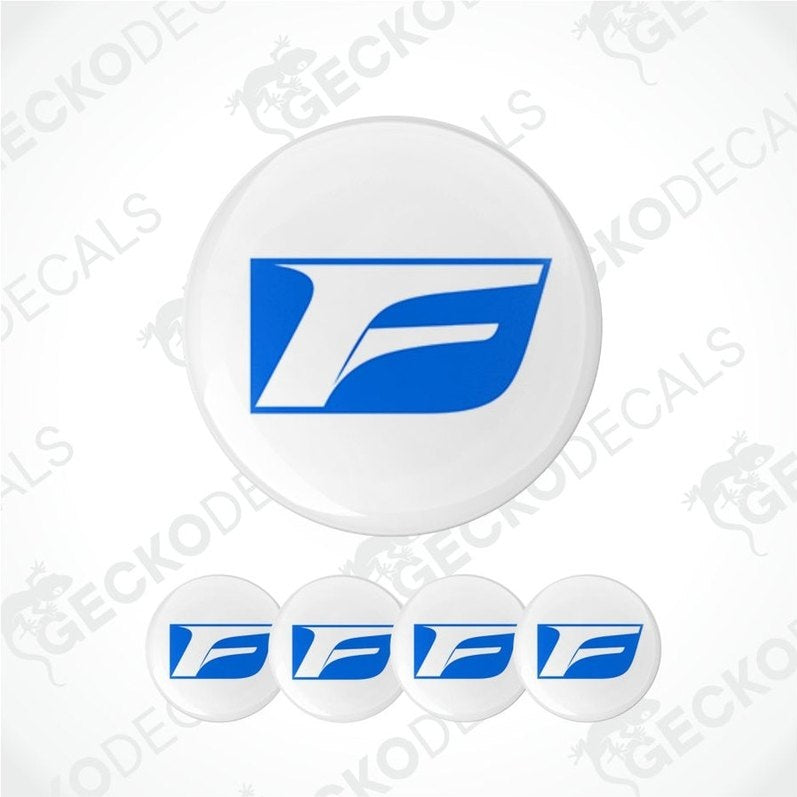 Set of blue and white F logos on round white stickers with 'Gecko Decals' branding.