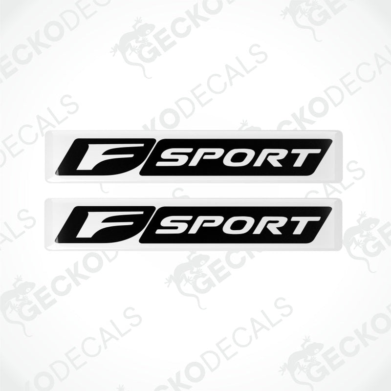 Two 'F Sport' decals on a white background with 'Gecko Decals' branding.
