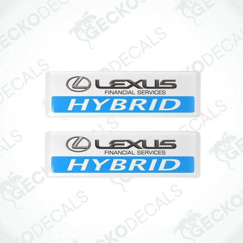 Two Lexus Financial Services Hybrid decals on a white background with 'Gecko Decals' watermark.