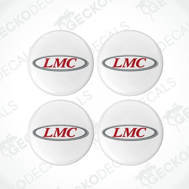A set of four white vinyl stickers with red and silver LMC branding, placed against a white background.