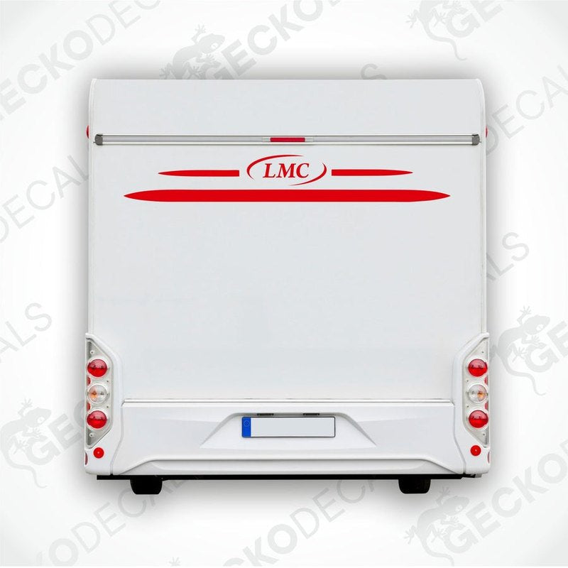 A white caravan decal featuring the LMC logo in red and black.