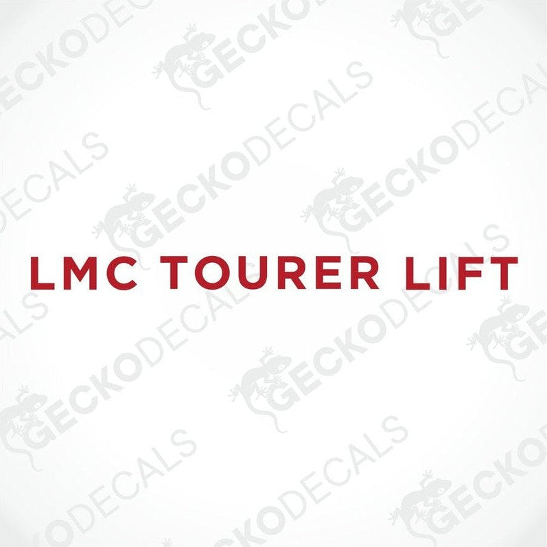 A red die cut decal with the text 'LMC TOURER LIFT' on a white background. The decals have a gecko logo at the top and the text 'GECKODECALS.