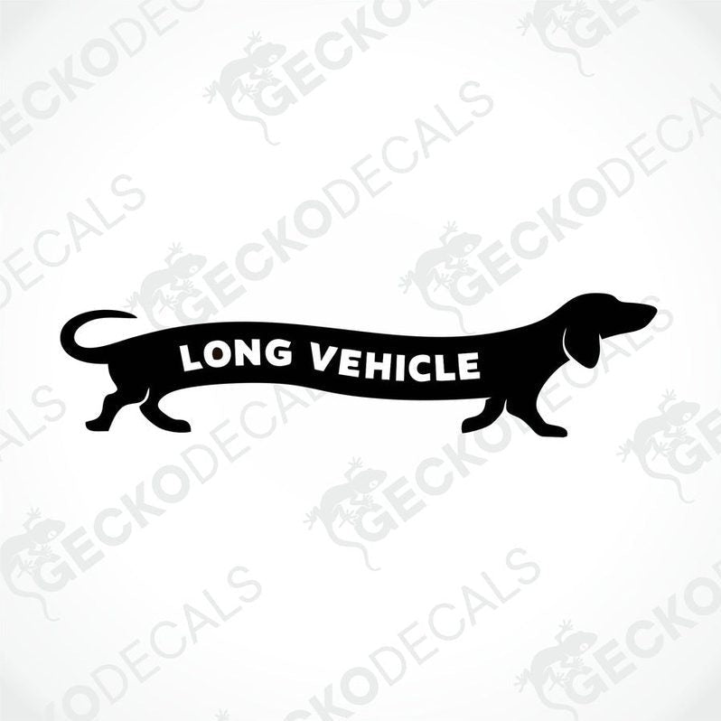 A die cut decal in the shape of a long dog with the text 'LONG VEHICLE' on it, primarily black in color.