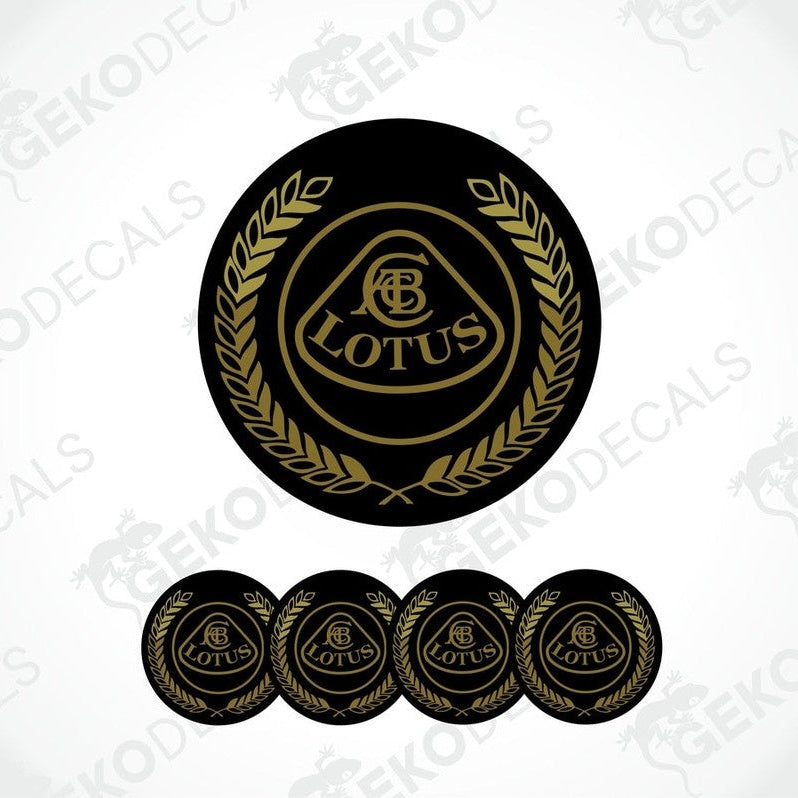 A set of four black and gold vinyl decals with the LOTUS logo applied on a black background.