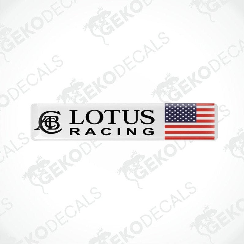 White vinyl stickers with the LOTUS RACING logo and an American flag design.
