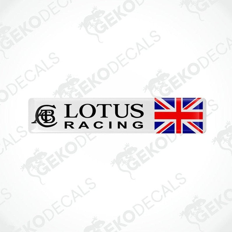 Vinyl decals for Lotus Racing England, one with the brand logo and the other with the logo and a Union Jack flag.