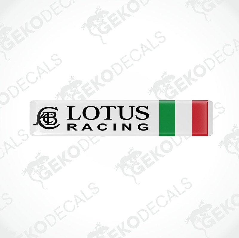 Vinyl decals with a polyurethane coating featuring the 'LOTUS RACING ITALY' logo in black, white, and red colors.