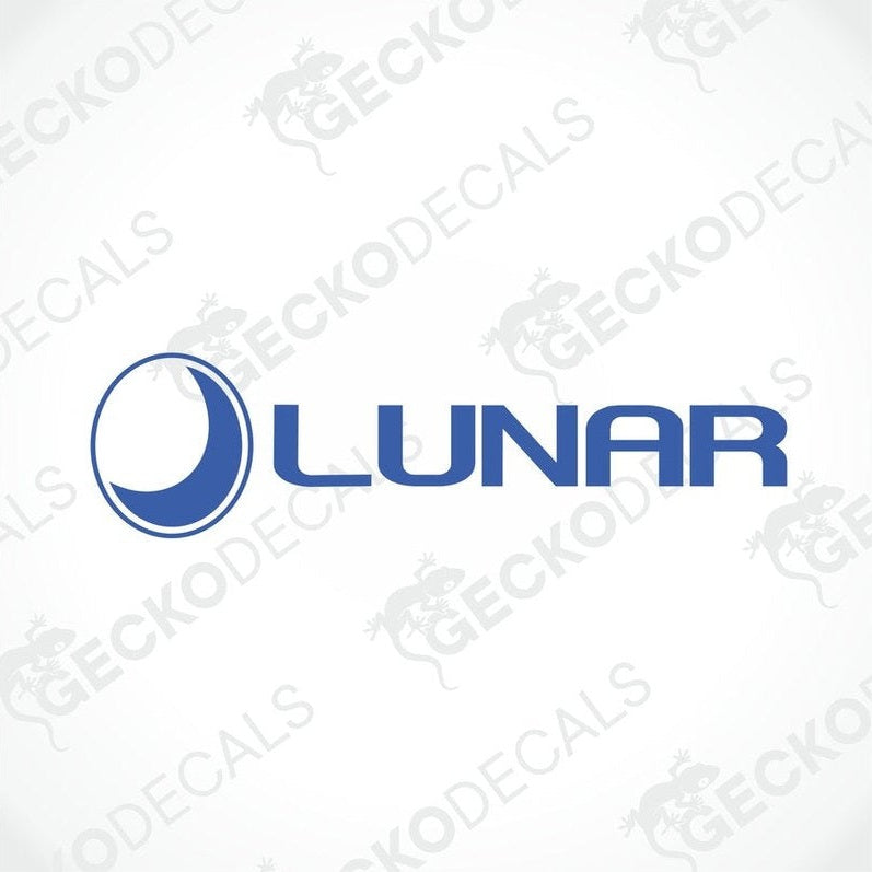 A blue die cut decal with the word LUNAR and a graphical moon and star design.