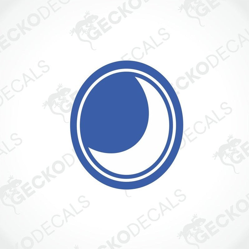 A blue die cut decal with the word LUNAR and a graphical moon and star design.