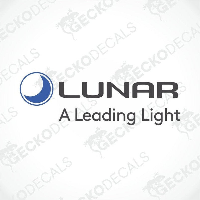 A die cut decal with the Lunar brand logo, featuring a blue and white color scheme and the text 'A Leading Light'.