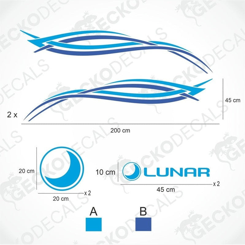 Lunar decoration set diagram with blue tribal, moon, and text decals