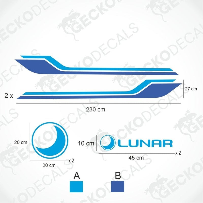 A white caravan with blue and black window shades and a Lunar brand decal on the side.