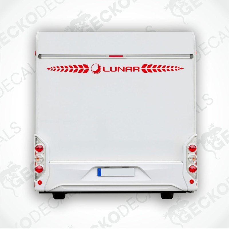 A white caravan with a red and white Lunar brand decal on the rear side.