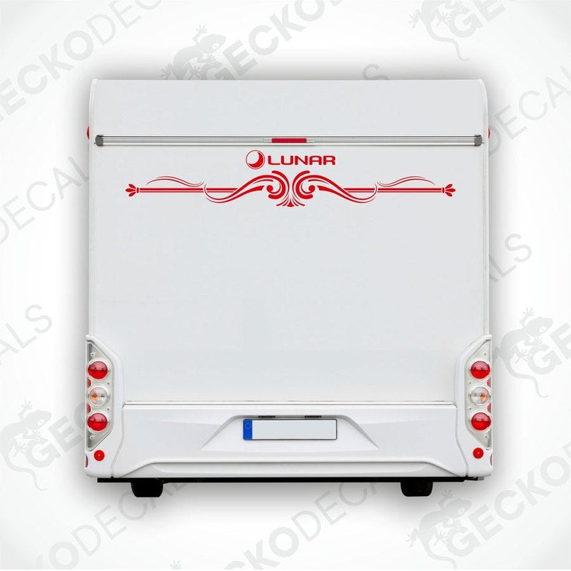 A white caravan with a red and white die cut decal featuring the Lunar brand logo.