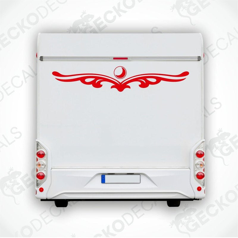 A white caravan with a red and black die cut decal design on the rear side.