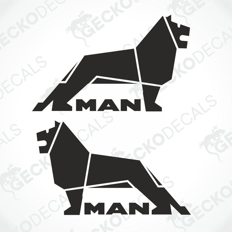 Two black vehicle decals, one with the design of a lion's head on the left side, and the other with the letters 'MAN' in a stylized font on the right side, both with the Gecko Decals logo.