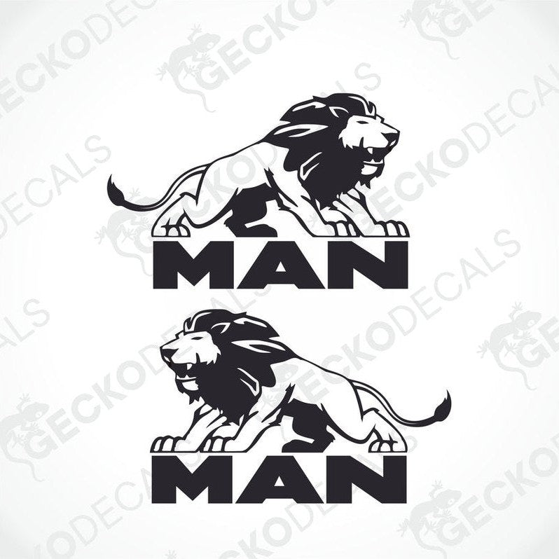 Two black decals of a lion and the word 'MAN' in capital letters, with a Gecko Decals logo.