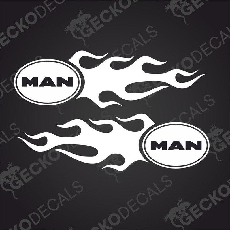 A pair of black and white flame-shaped decals with the brand 'MAN' written inside them, presented on a dark background.