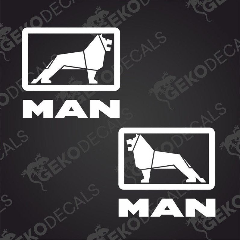 Two white decals with the 'MAN' brand logo, one depicting a lion in profile and the other showing a similar image but marked with the 'MAN' brand name.