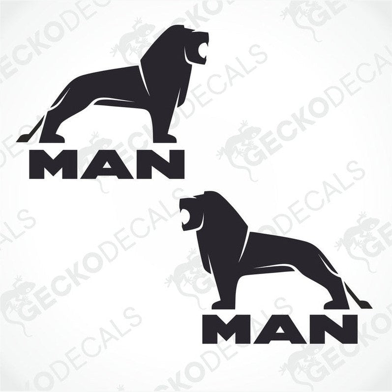 Two black decals with the word 'MAN' and illustrations of lions above the letters.