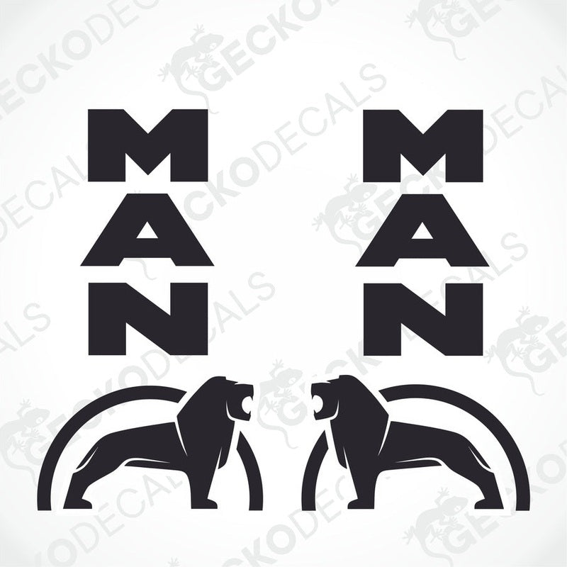 Two black decals with the word 'MAN' and illustrations of lions above the letters.