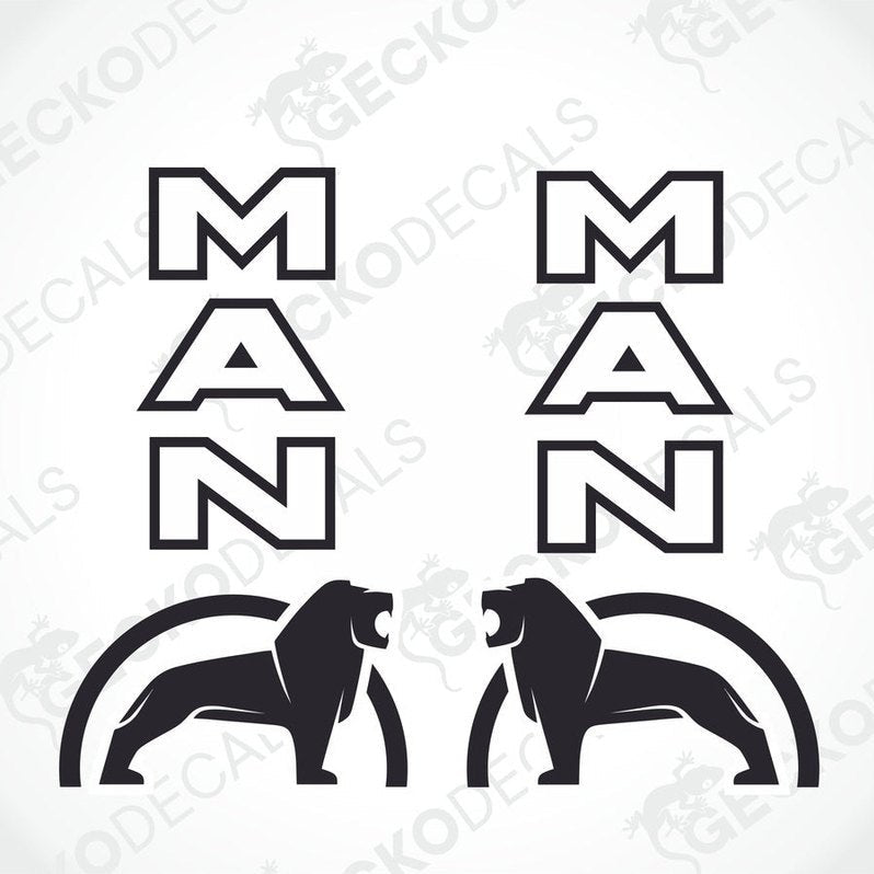 Two black decals with the word 'MAN' and illustrations of lions above the letters.