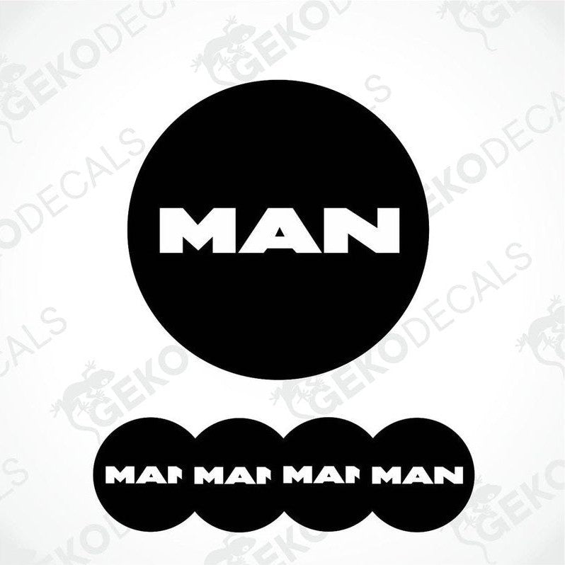 Set of four black vinyl decals with the white text 'MAN' on them, presented against a white background.