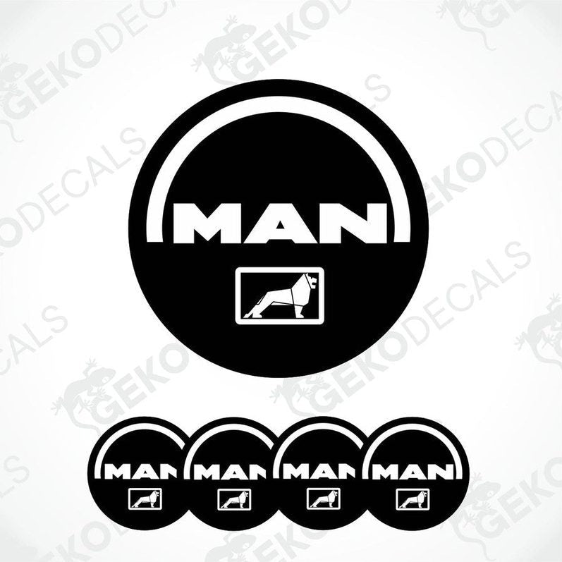 A set of four black vinyl stickers with the word 'MAN' and an illustration of a horse. The stickers have a glossy finish.