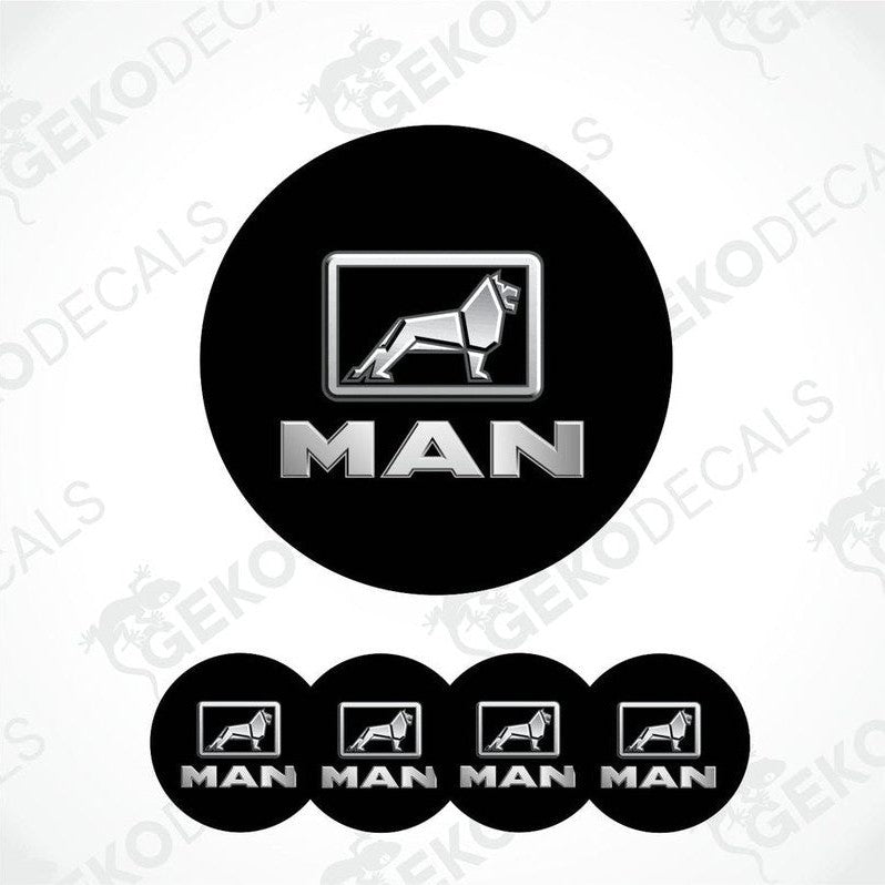 A set of four black vinyl stickers with a MAN logo and a graphic of a lion.