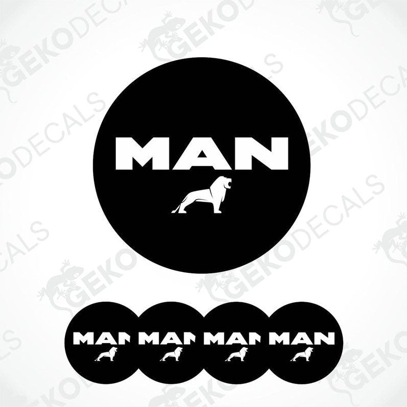 A set of four black vinyl stickers with the word 'MAN' and a graphic of a dog on them. The stickers have a glossy finish.