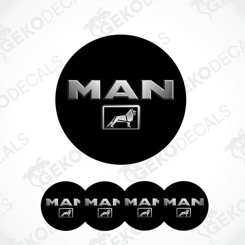 Set of four black round vehicle decals with the 'MAN' brand logo in white text.