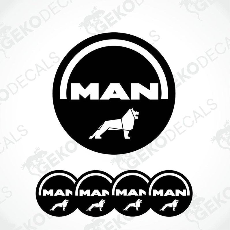 A set of four round vinyl stickers with a design of a lion and the word 'MAN' in capital letters on a white background.