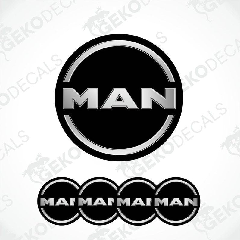A set of black, silver, and white vinyl decals with the brand name 'MAN' on them, designed for vehicle use.