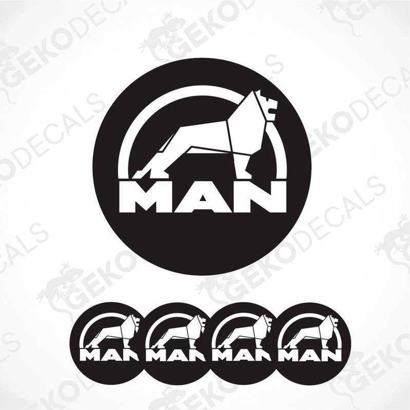 A set of four round vinyl stickers with a design featuring the letters 'MAN' and an illustration of a lion, all in black, white, and gray colors.