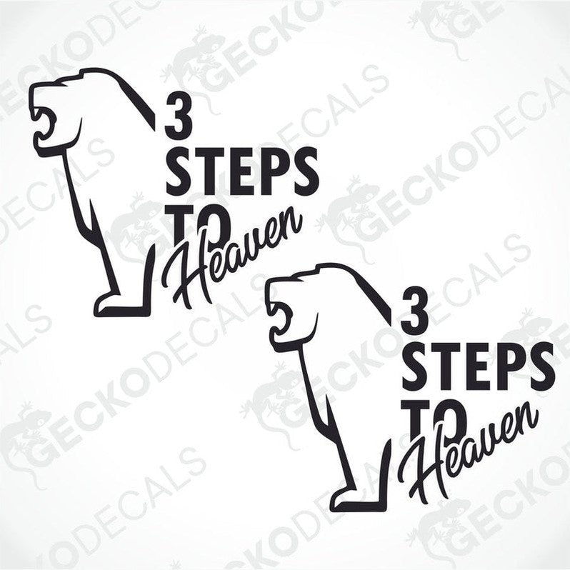 Two black and white sticker designs featuring the text '3 Steps to Heaven' in stylized lettering, suitable for vehicle decals.