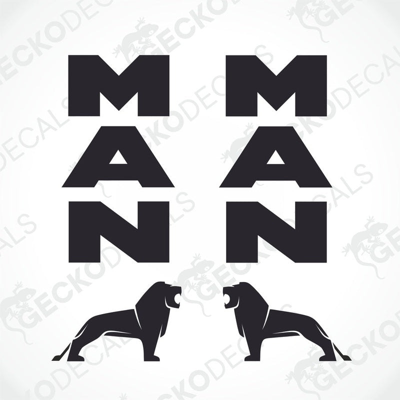 A set of black decals featuring the word 'MAN' in capital letters and the silhouette of two lions.