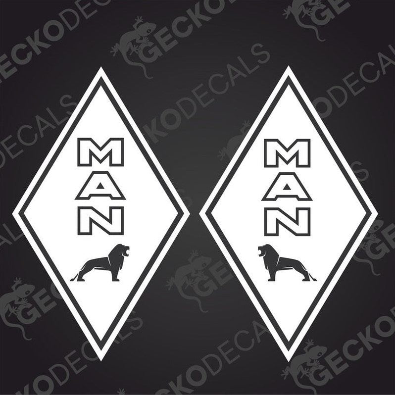 Two white vehicle decals, one with the word 'MAN' and a diamond shape, and the other with a lion dog graphic, both on a black background with 'GECKODECALS' text.