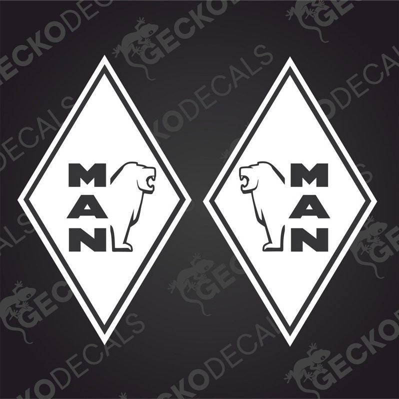 Two white vehicle decals with a diamond and the letters 'MAN' in the center, on a black background with a GeckoDecals watermark.