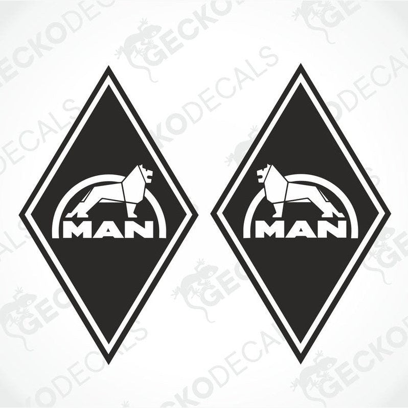 Two black and white vehicle decals with a diamond shape and the word 'MAN' in uppercase letters inside the diamond.
