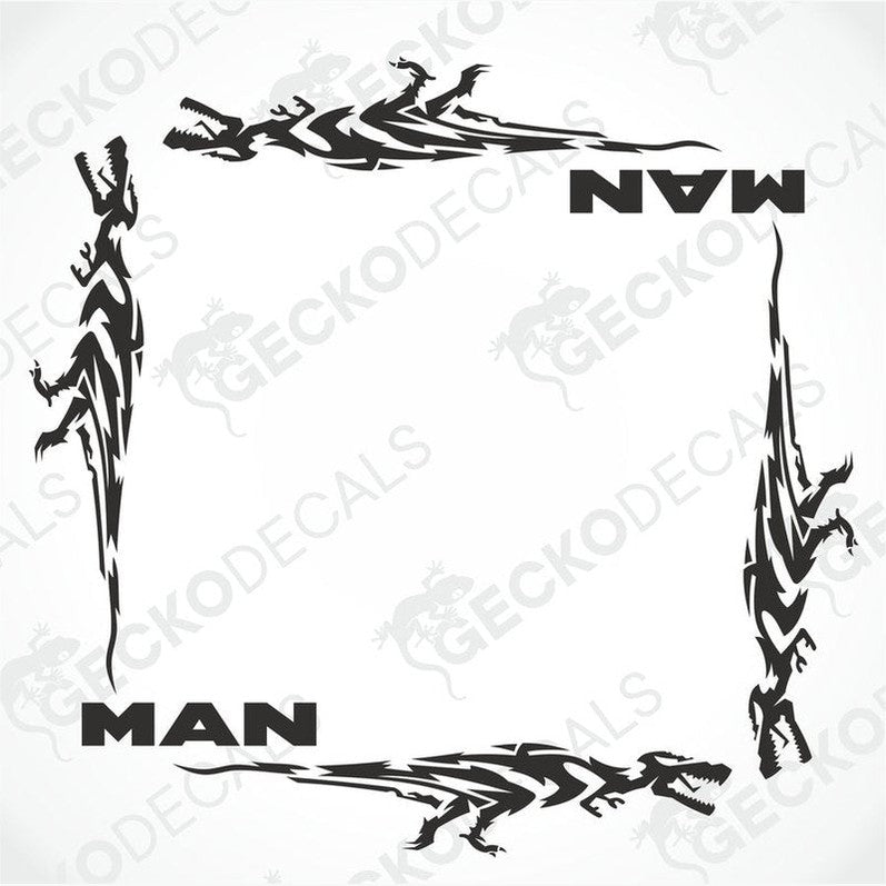 Black MAN dinosaur tribal side window die cut decals for truck interior or exterior