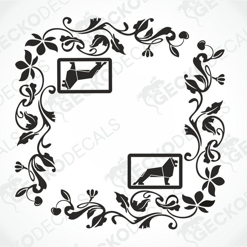 A black and white image of a die-cut floral decal with a silhouette of a man in a suit, designed for use as a vehicle side window decal.