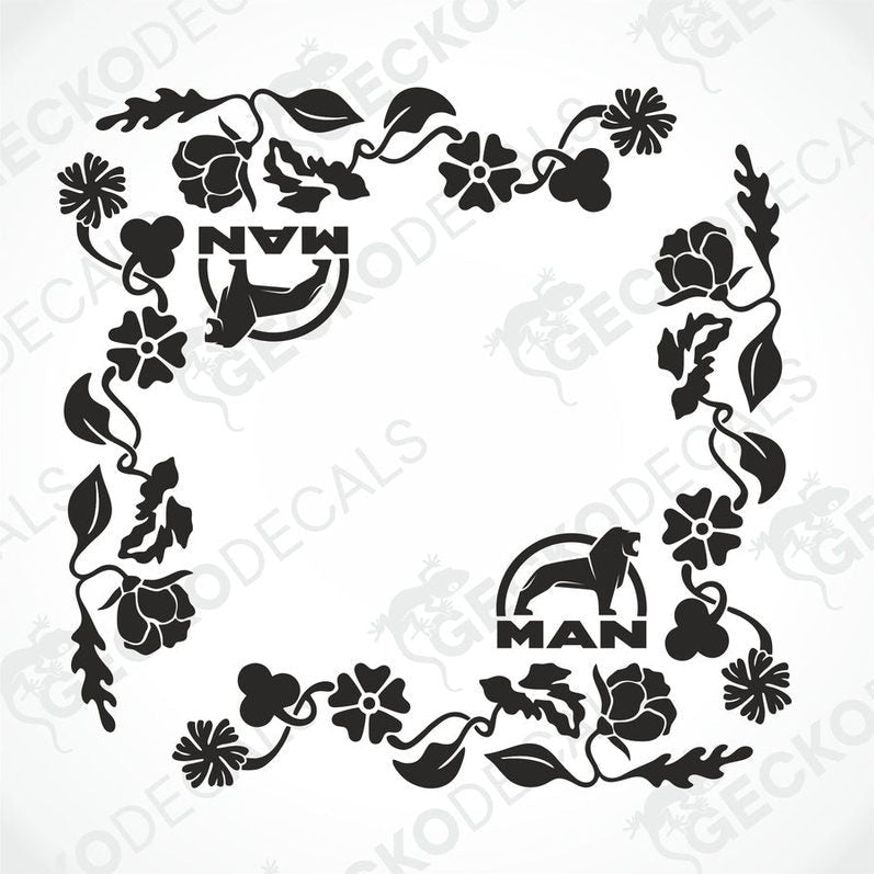 A black and white image of a die-cut floral decal with the 'MAN' brand logo, designed for use as vehicle side window decorations.
