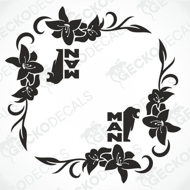 A black floral decal for side window decoration, featuring the text 'MAN' within the design.
